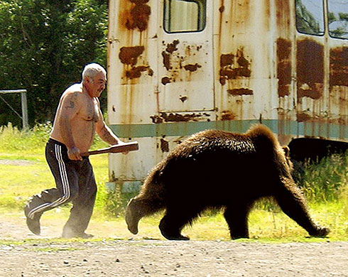 Armed Bear Chasing Coward Bear